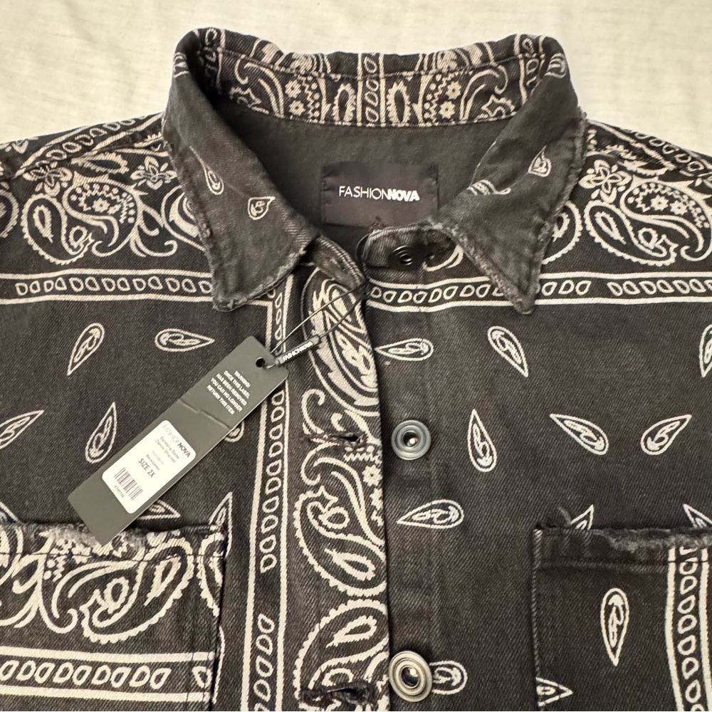 NEW! Fashion Nova Bandana Babe Baggy Denim Jean Jacket Size 2XL Shacket NWT!